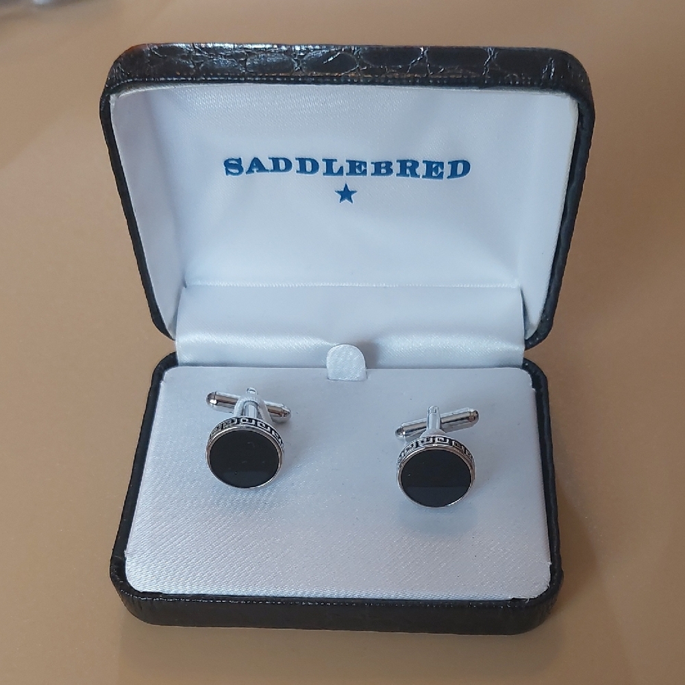 Saddlebred Greek Key Pattern Black  Enameled Silver Tone Cuff Links